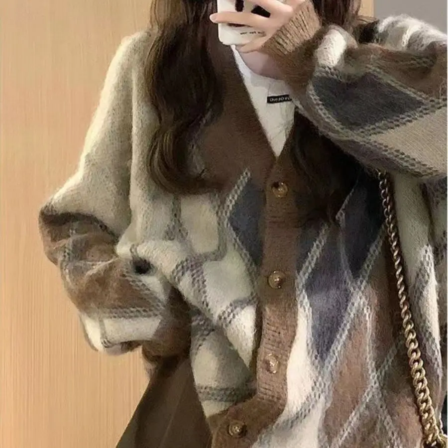 

Knitted cardigan sweater women's new style for autumn and winter, loose brushed and slouchy knitwear