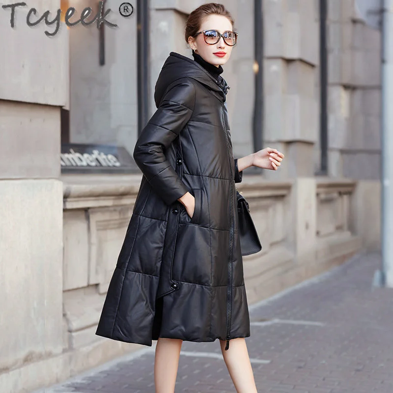 

Real Mid-length Sheepskin Coat Women Clothes 2023 Loose Hooded Coats Female Winter Warm Genuine Leather Duck Down Jacket