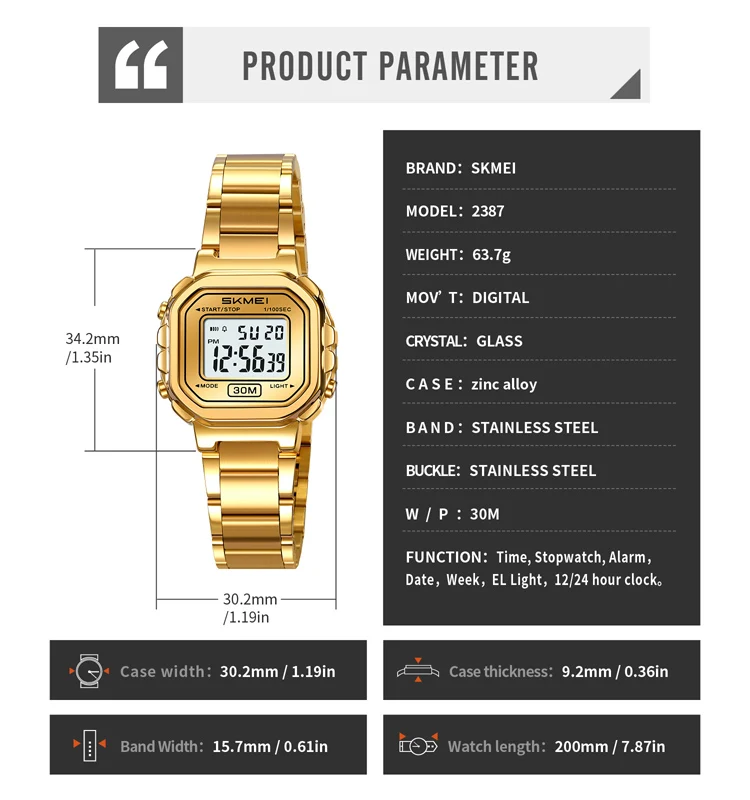 SKMEI 2387 Luxury Stainless Steel Digital Womens Watch Fashion Sport Waterproof Electronic Watch for Women 1433 Reloj Mujer