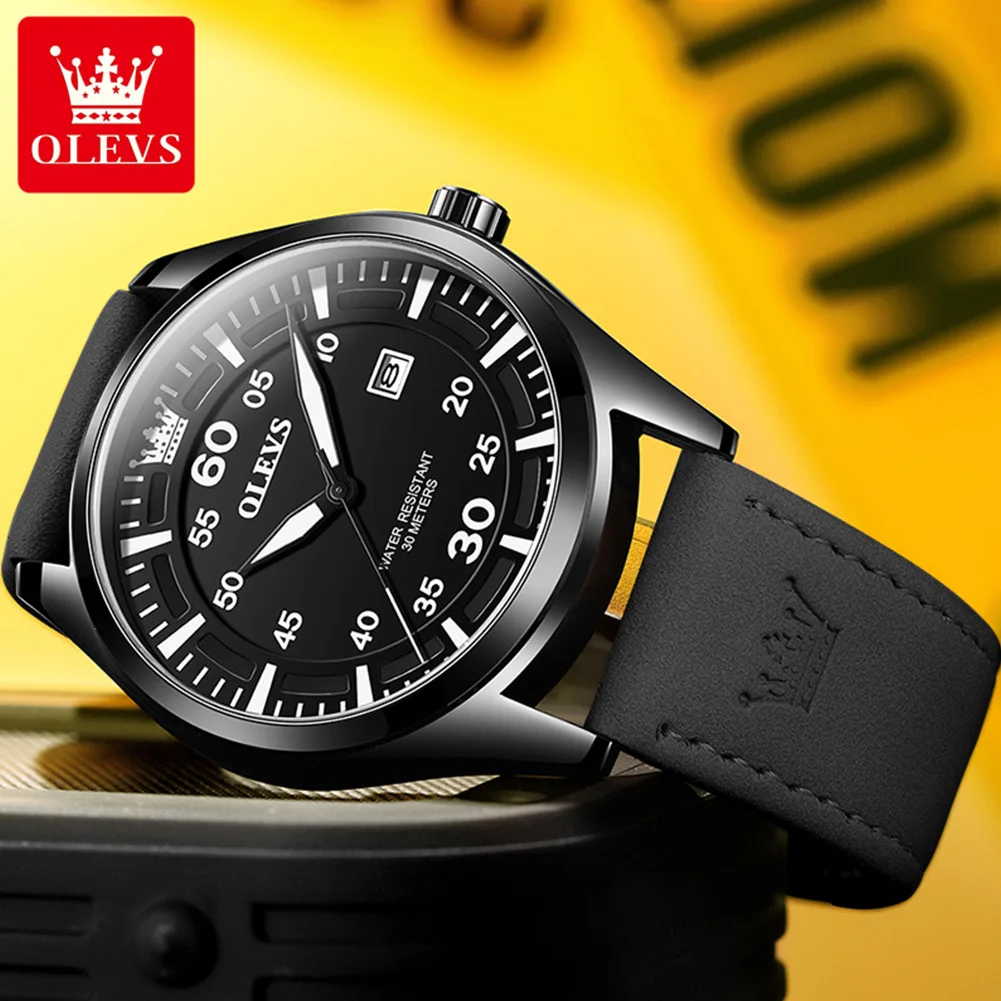 OLEVS Brand Fashion Quartz Watch for Men Sports Frosted Leather Strap Waterproof Luminous Week Date Mens Watch Relogio Masculino