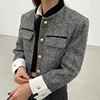 Biyaby Metal Button Stand Collar Jackets for Women Korean Style Pockets Plaid Coat Woman 2024 Spring Long Sleeve Cropped Jacket 1