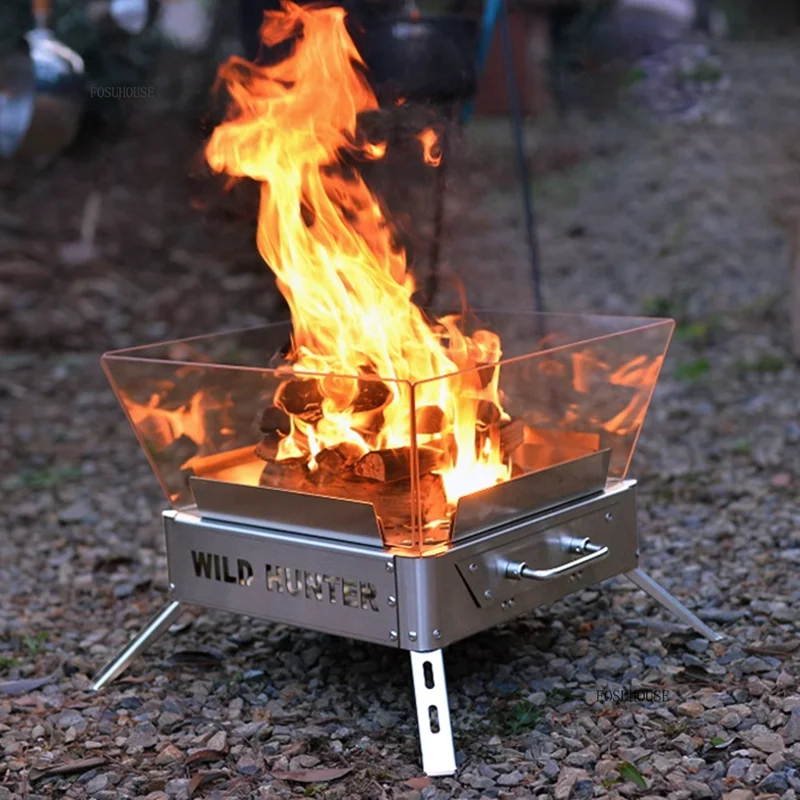 Outdoor Camping Fire Pits Microcrystalline Glass Firewood Campfire Stove Tea Brewing Folding Charcoal Barbecue Rack Home Heating