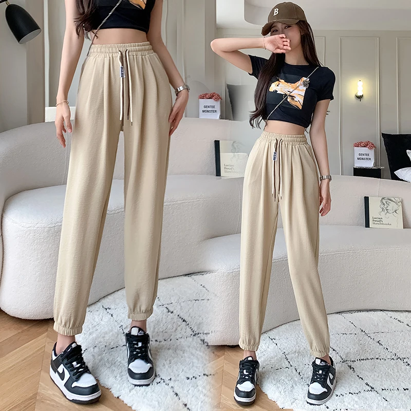 

Summer Cool Ice Silk Women Ankle Length Pants Solid Color Large Size Loose Harem Trousers Female High Waist Casual Pants Korean