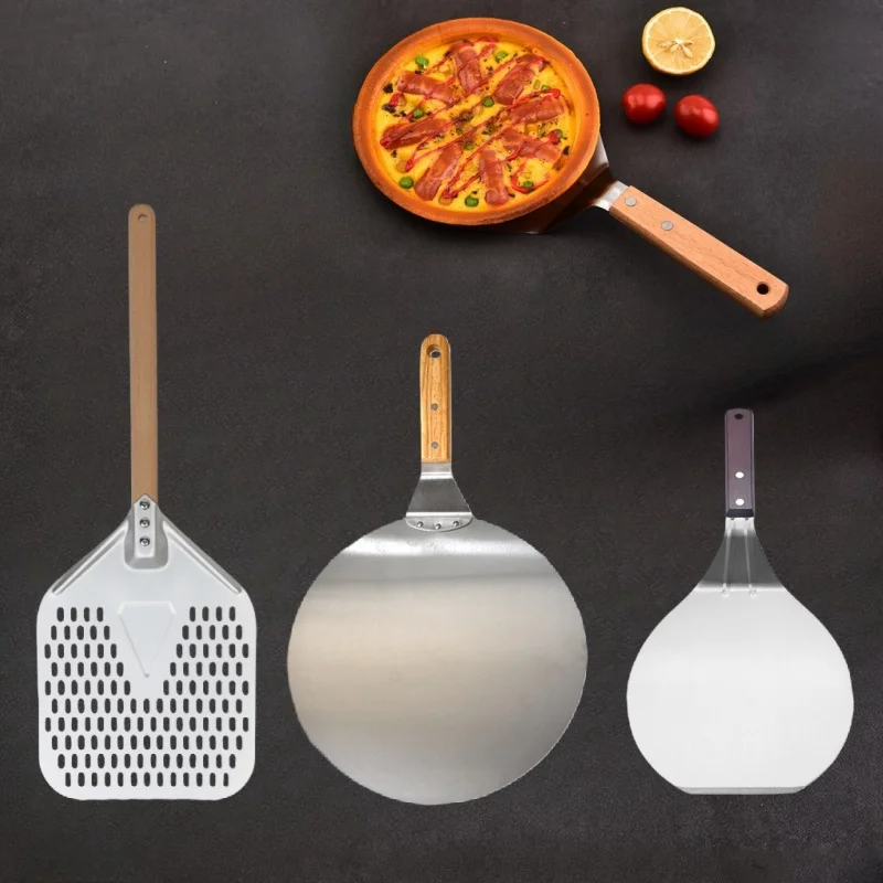 6.5/10/12inch Pizza Shovel Metal Non-Stick Pizza Peel with Wood Handle Cake Lifter Transfer Tray for Homemade Baking Bread