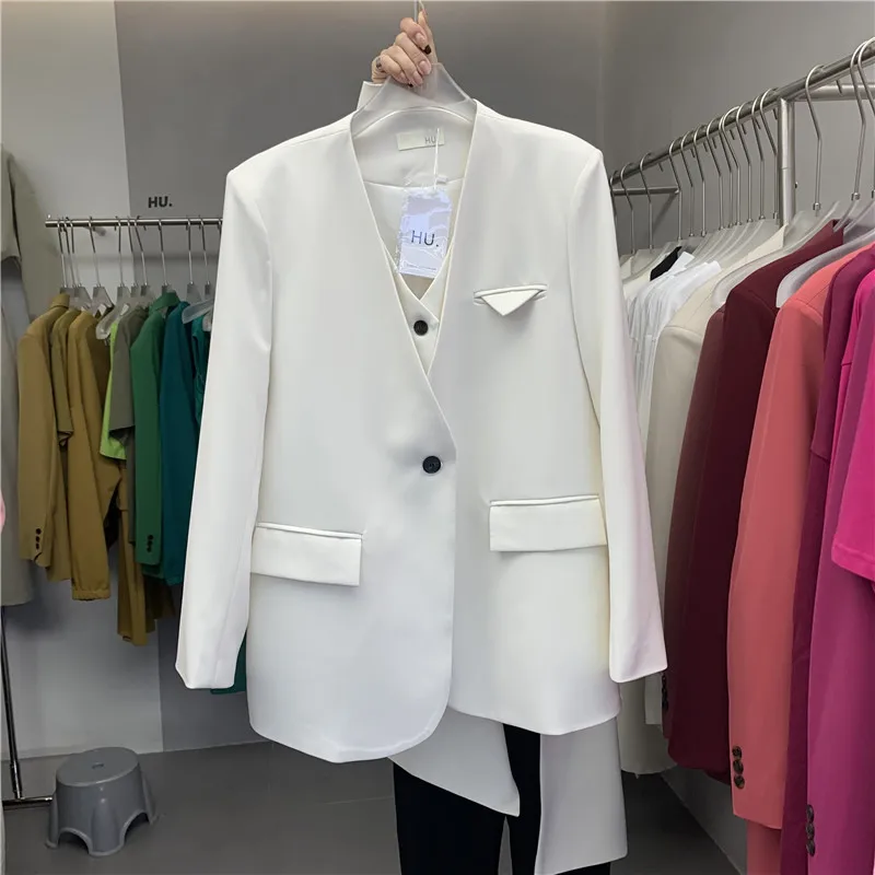 

SuperAen Casual Suit Jacket for Women 2023 Autumn New Korean High-end Fake Two-piece Patchwork Vest Blazer Top