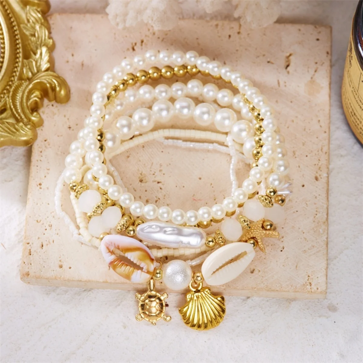 Armbänder aus Kunstharz mit Korallen, Muscheln, Seesternen, unregelmäßigen Kunstperlen für Damen und Herren, mehrlagiger Strand-Schildkröten-Armreif, Sommerschmuck – Detail 32