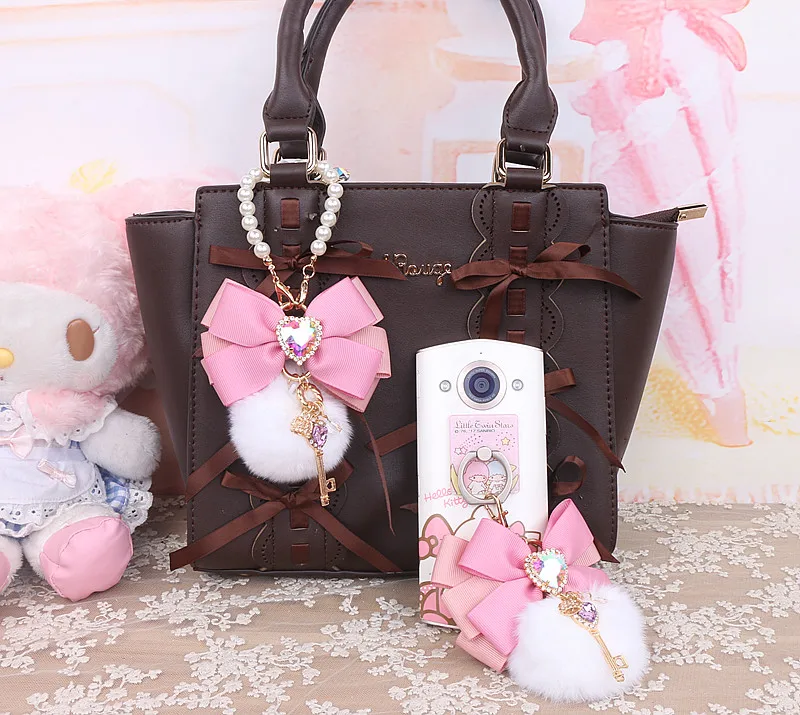 Japanese Style Sweet Cute Bow Diamonds Women's Pendant Fashion Beautiful All-Match Beaded Furry Splicing Package Accessories