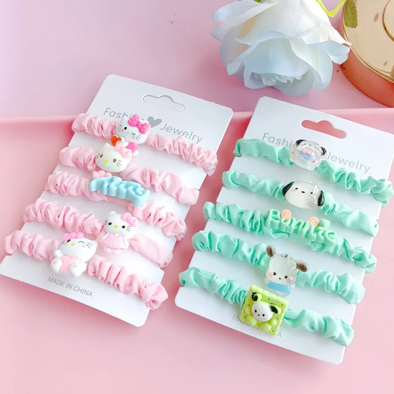 

5Pcs Kuromi Cartoon Cute Hair Rope Sanrio My Melody Cinnamoroll Pom Pom Purin Hair Accessories Sweet Headwear Children Gift