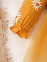 Newborn Baby Girl Romper Dress Long Sleeve Flowers Print Tulle Bodysuit Yellow Spring & Autumn Dress with Headband Clothes 5