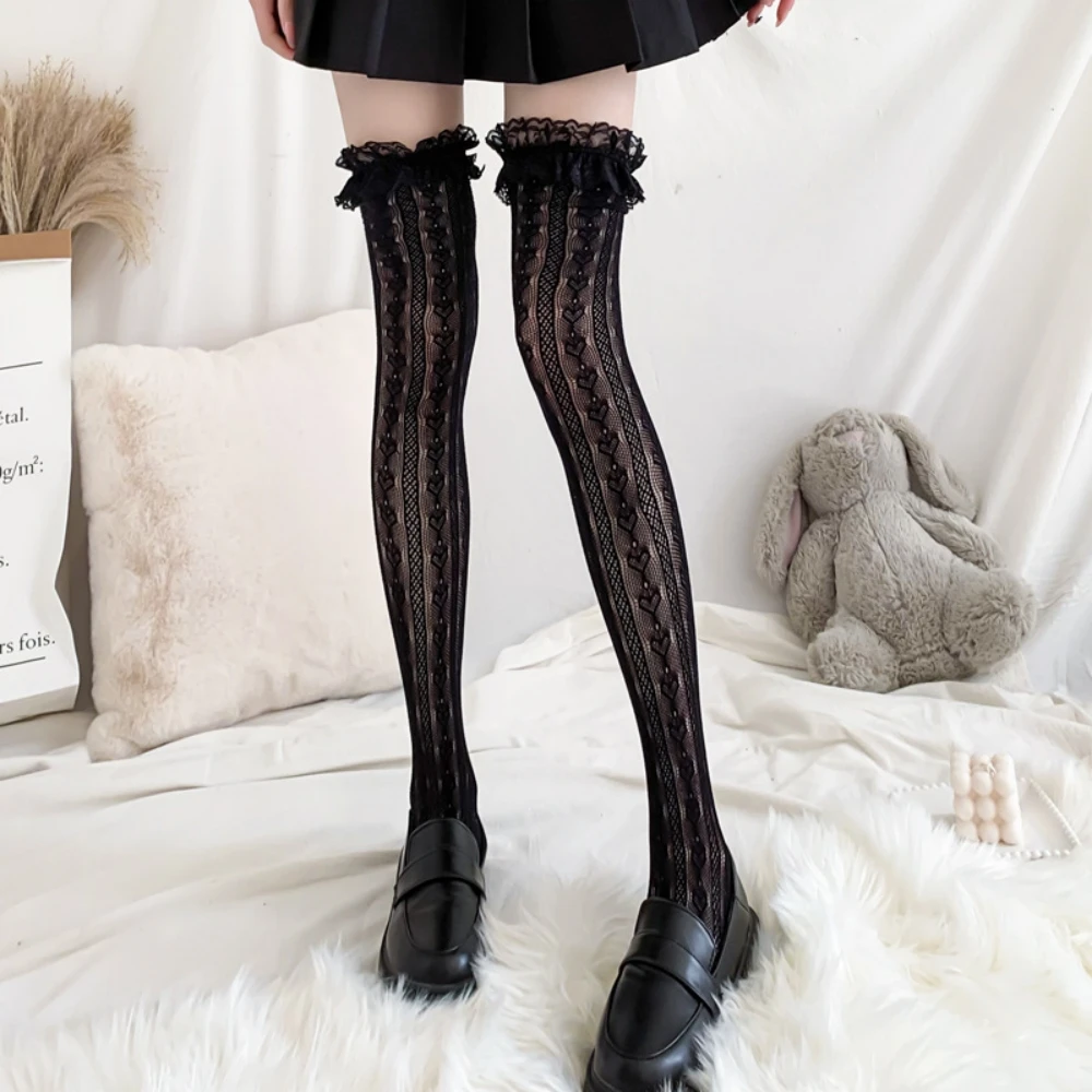 Damen Lolita Netzstrümpfe im japanischen Stil mit Herz- und Streifenmuster, Überkniestrümpfe für JK-Mädchen, Cosplay-Strümpfe – Detail 4