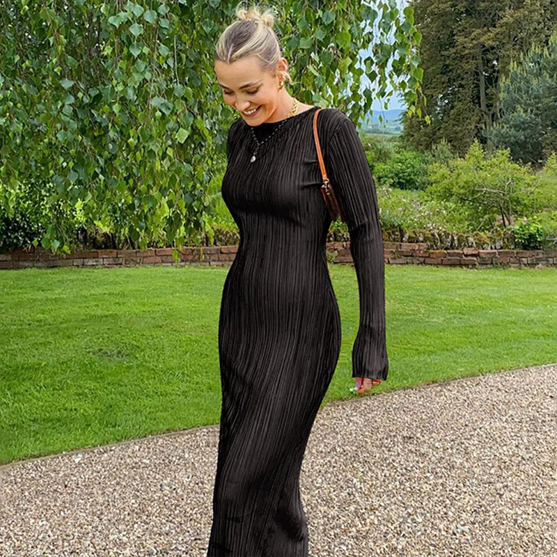 

XUAN Phd 2023 Autumn Winter Dress Round Neck for Women Solid Maxi Pleated Dress Elegant Long Sleeve Slim Fit Bodycon Club Pencil