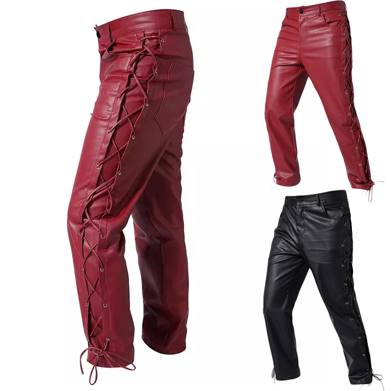 2024 New Hot Sale Men's Gothic Leather Pants Fashion Strappy Rock Motorcycle Leather Pants American PU Leather Pants