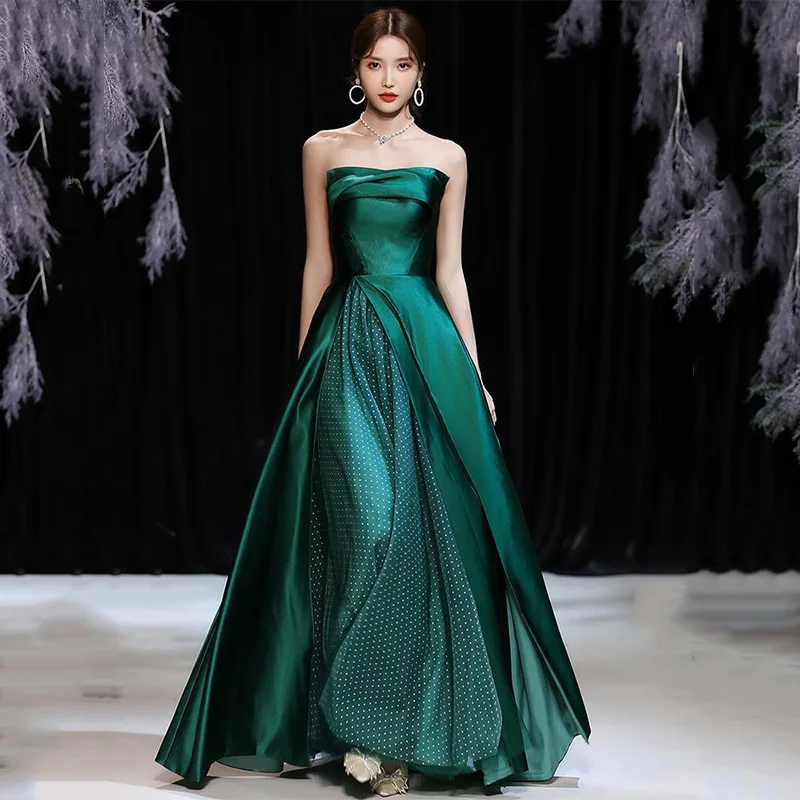 

Sexy Strapless Backless Evening Dress 2023 New Green Satin Vestidos De Festa Longo Elegant A-line Simple Suknie Wieczorowe