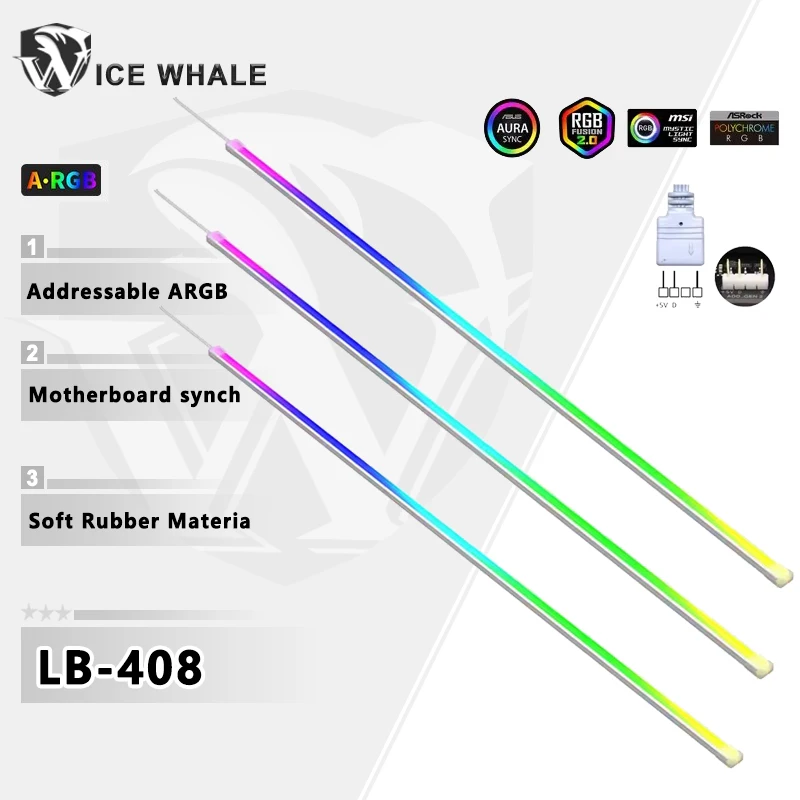 ICE Whale LB-408 5V 3핀 어드레서블 ARGB PC 케이스 장식용 라이트 스트립 소프트 러버 소재 레인보우 케이블 DIY 액세서리용
