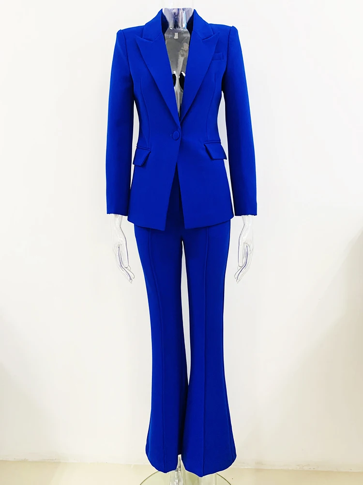 HIGH STREET Newest 2024 Designer Runway Suit Set Women's Single Button Slim Fit Lapel Blazer Flare Pants Suit 2pcs Royal Blue