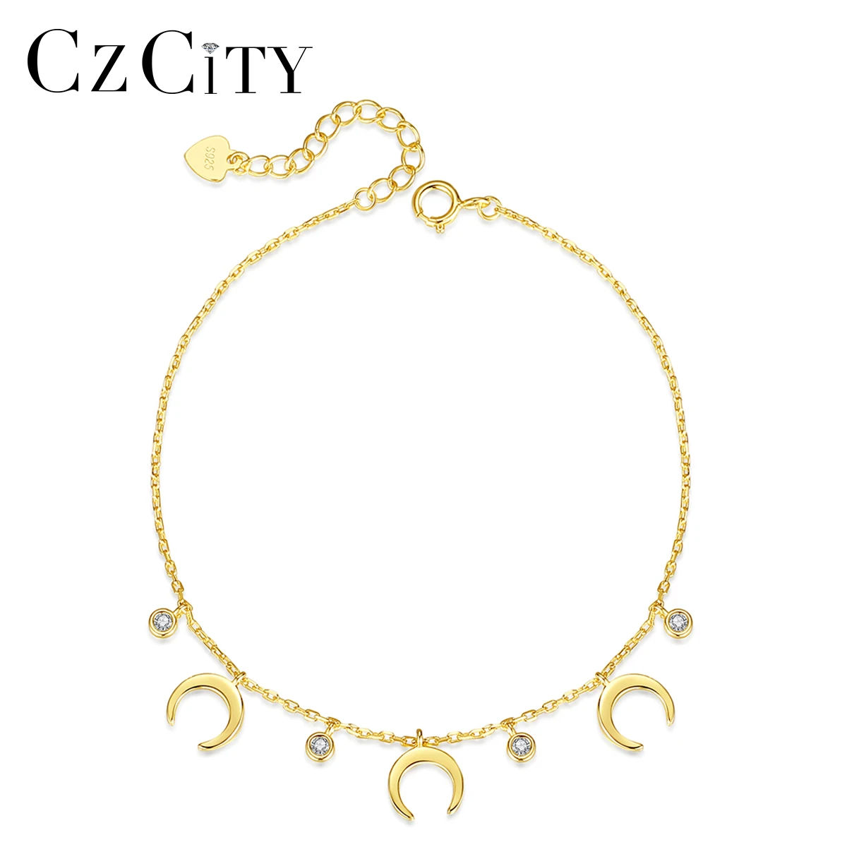 

CZCITY 18K Gold Color Thin S925 Sterling Silver Moon Star Adjustable Bracelet for Woman Girl Party Gift Korean Fashion Jewelry