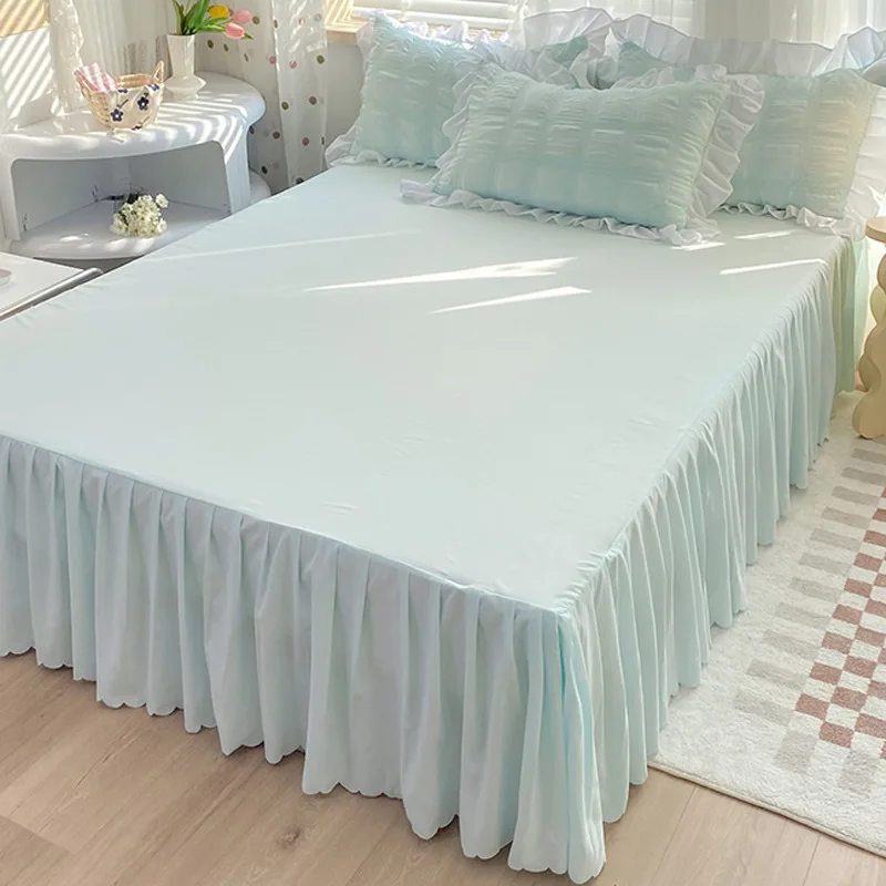 Korean Princess Seersucker Bedding Kawaii Ruffle Lace Bed Skirt Duvet Cover Solid Color Queen Size Double Sheets Sets For Girls