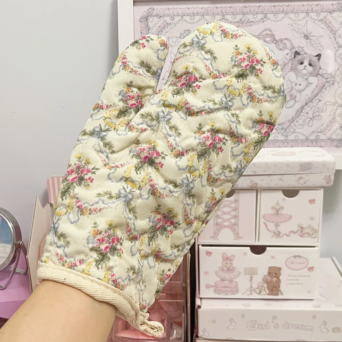 Cotton Hemp Fragmented flowers Microwave Gloves Mat Kitchen Baking Gloves Insulation Set