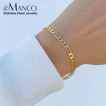 EManco 피가로 스테인레스 스틸 링크 체인 팔찌, 골드 컬러 참 팔찌, 여성 남성 쥬얼리 선물, 4mm, 6mm, 8mm