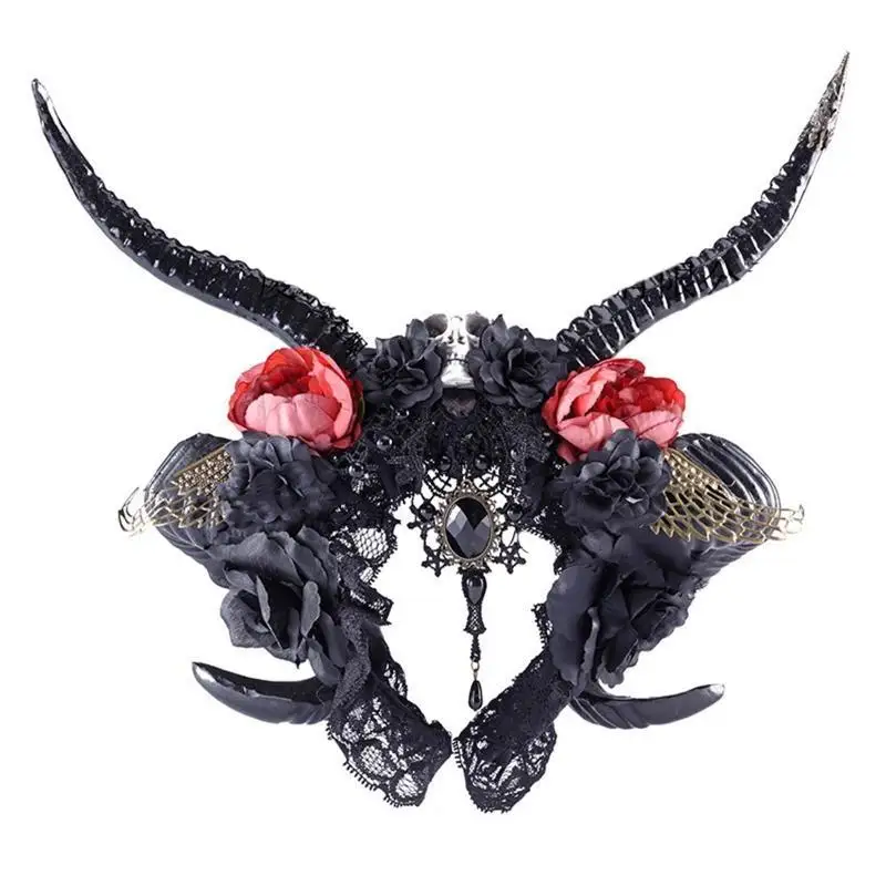 39BD Halloween Feder Schaf Horn Haarreifen Böse Königin Haarband Cosplay Kostüm Magische Hexe Kopfbedeckung Zubehör für Mädchen – Detail 9