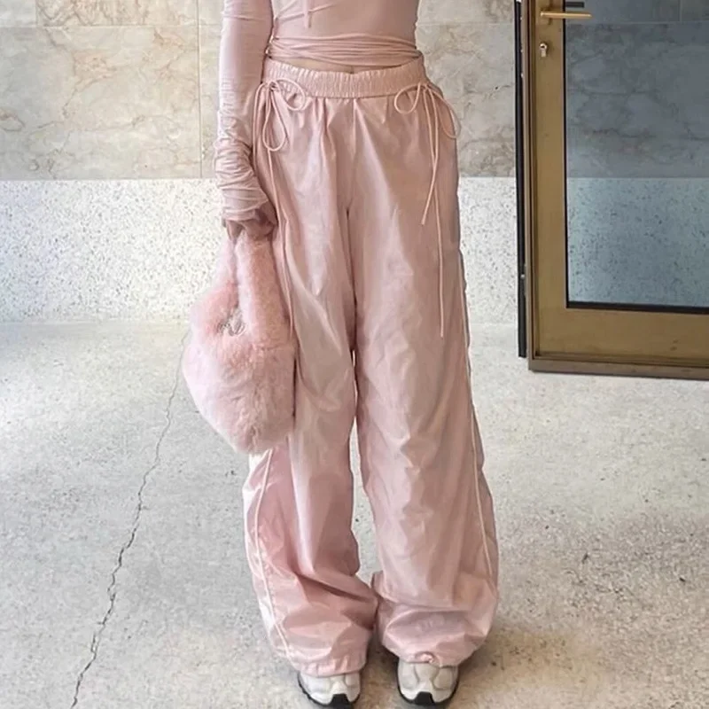 

Sweet Pink Woven Cargo Pants for Women Y2K 2023 Autumn Drawstring Lace Up High Waist Loose Wide Leg Casual Sweatpants Chic
