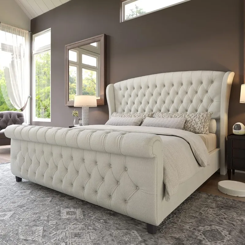 

Queen Size Platform Bed Frame, Chenille Upholstered Sleigh Bed with Scroll Wingback Headboard & Footboard/Button Tufted