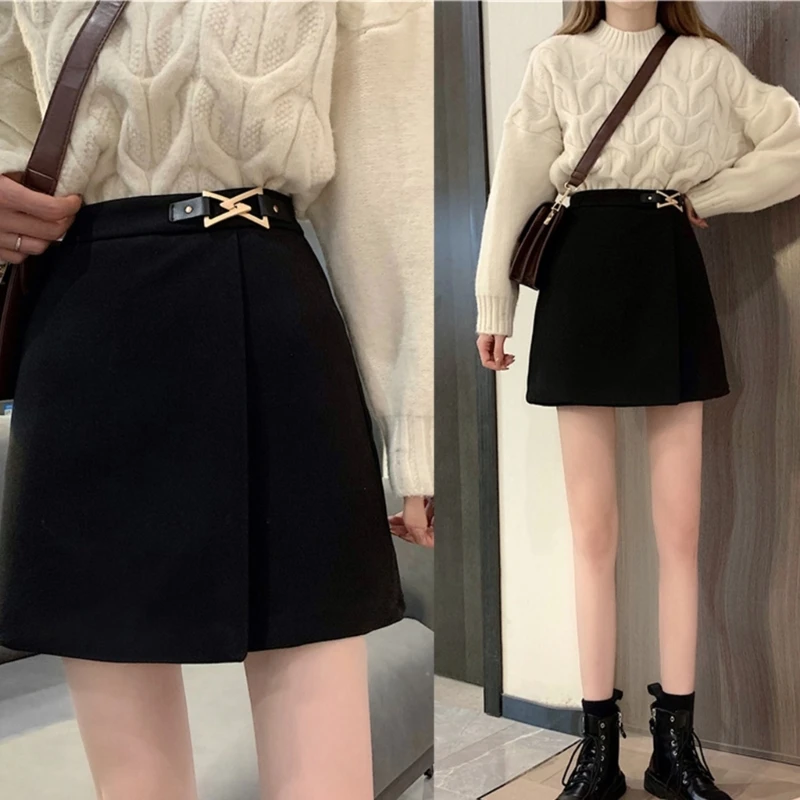 

Womens High Waist Buckle Front Wrap A-Line Mini Skirt Korean Elegant Fit Black Short Skirt with Shorts