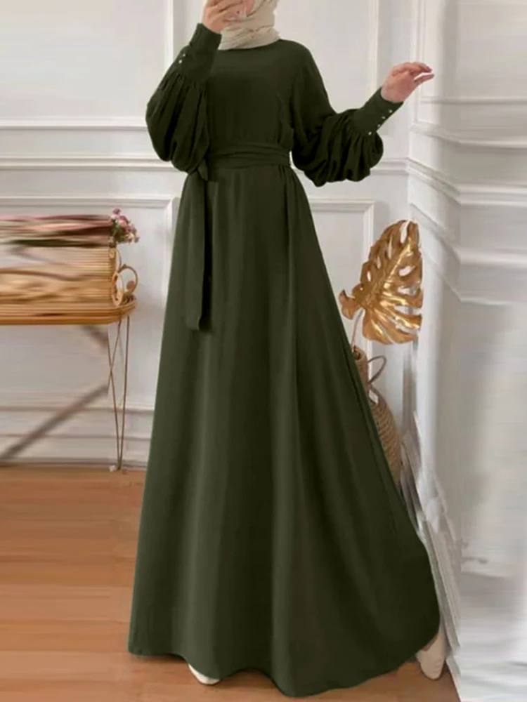 

Autumn Vintage Muslim Abaya Maxi Long Dress ZANZEA Women Sundress Casual Lantern Sleeve Solid Dubai Turkey Abaya Hijab Dress