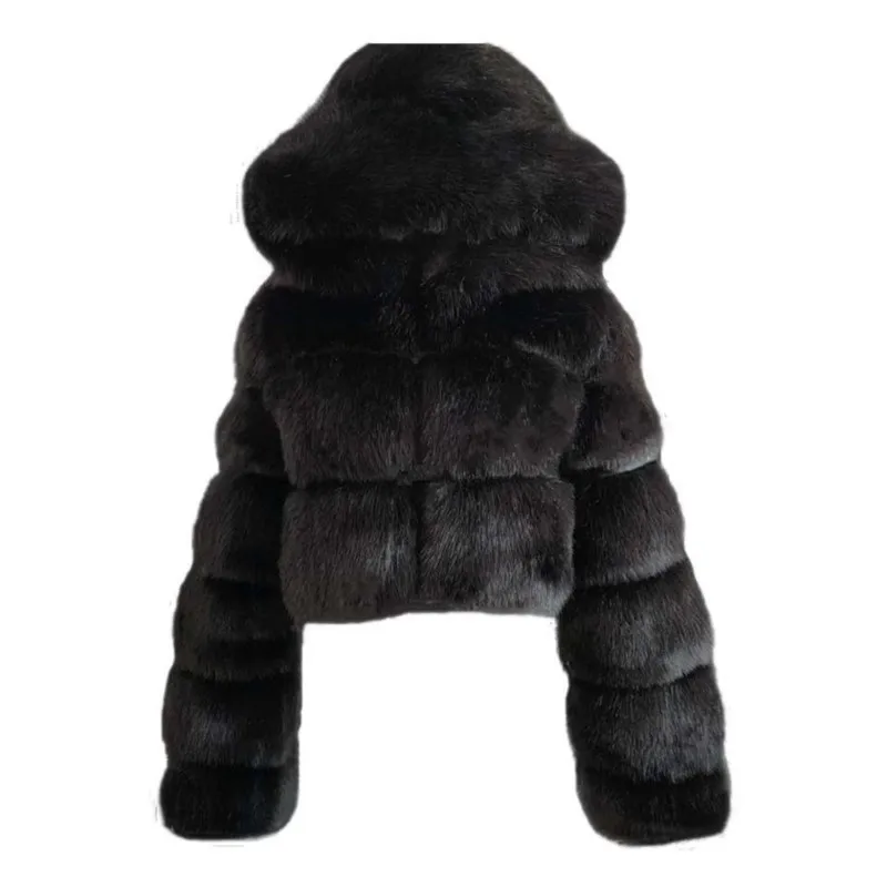 

High Quality Furry Cropped Faux Fur Coats And Jackets Women Fluffy Top Coat With Hooded Winter Fur Jacket Manteau Femme