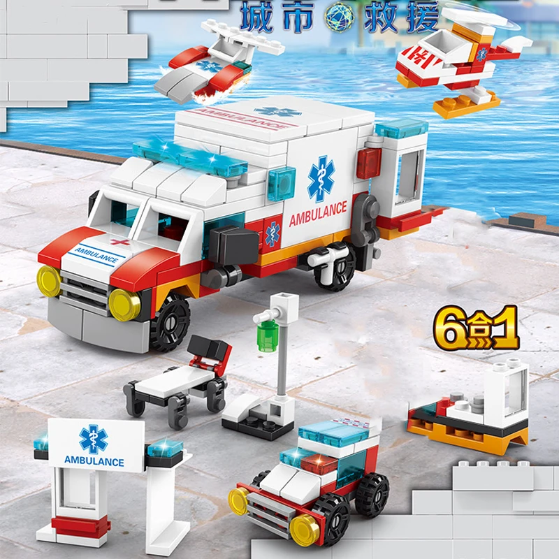 City Series Medical Ambulance 6 In1 MOC Building Blocks Kit Bricks Rescue Vehicles Doctor Car Classic DIY Model Kid For Toy Gift 3