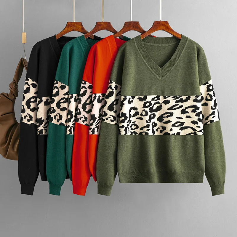 

Leopard Patchwork Kitted Pullovers Winter Autumn Full Sleeves Green Color Jumpers Tops Size XL