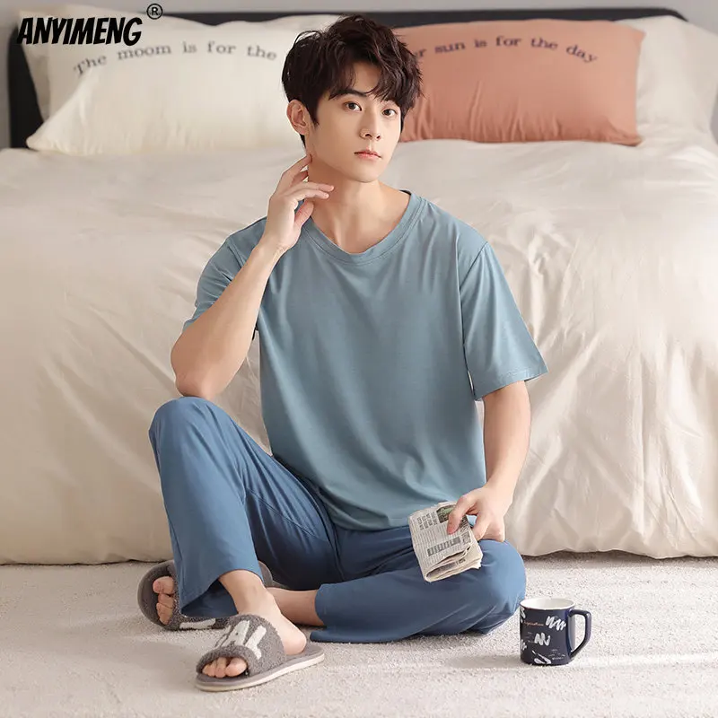 

New Summer Men Sleepwear Plus Size L-4XL Man Pajamas Nightwear Short Sleeve Long Pants Loose Pijamas Soft Modal Pajamas Set