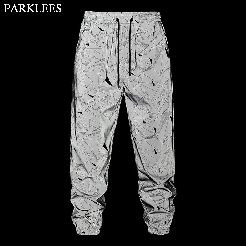 

Mens Geometric Print Reflective Jogger Sweapants Fluorescent Trousers Harajuku Hip Hop Dance Festival Rave Night Sport Pants 3XL