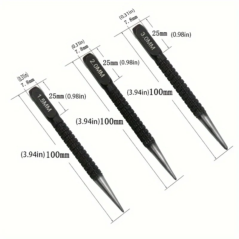 3pcs High-carbon Steel Center Punch Set Non-Slip Center Pin Punch For Drilling Alloy Steel Metal Wood 1.5/ 2 /3mm