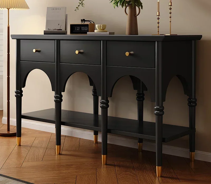 שולחן עץ מוצק צרפתי עם מגירות שולחנות ייחודיים שחורים למסעדה רטרו שולחן קונסולה אישי