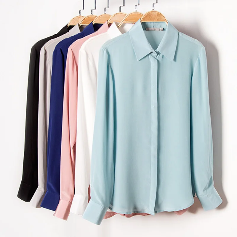 New Spring 100% Silk Blouse Top Women Natural Fiber High Quality Long Sleeve Pure Silk Shirt Office Lady Summer Clothing