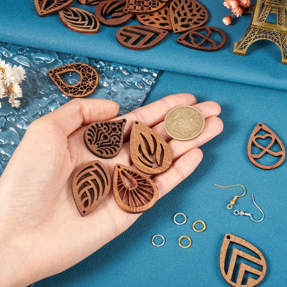 DIY Jewelry Earring Making Kit Including Walnut Wood Laser Cut Pendants Brass Earring Hooks & Open Jump Rings For Making Earring