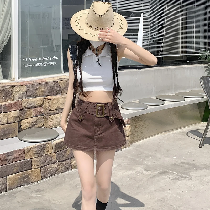 

Brown Spicy Girl Cowboy Half Skirt Women 2024 New Summer Womens Clothes High Waist A-line Slim Wrap Hip Short Skirt Trend