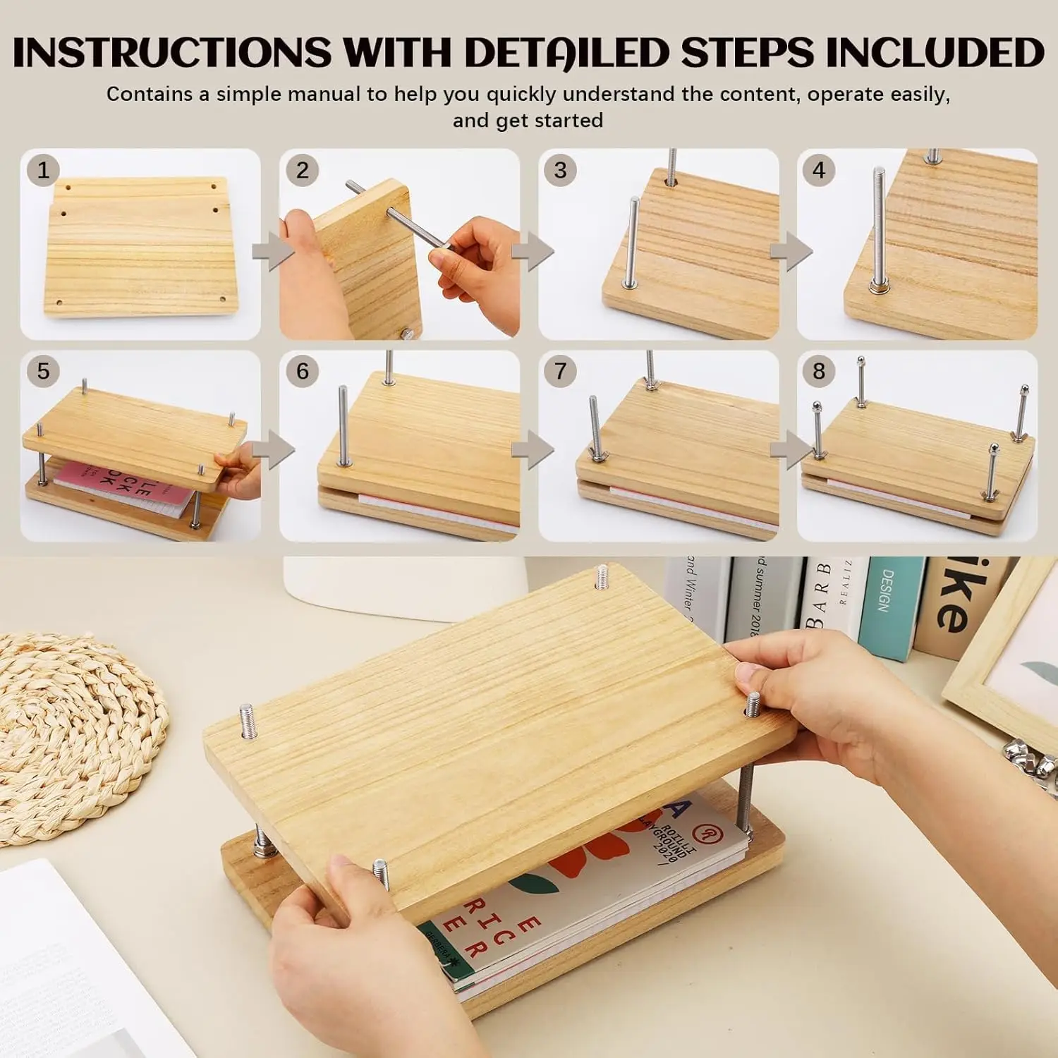 Wooden Book Press, Book Binding Tool, Flat Paper Press Machine for Desktop DIY Bookbinding Greeting Cards Labels - 5