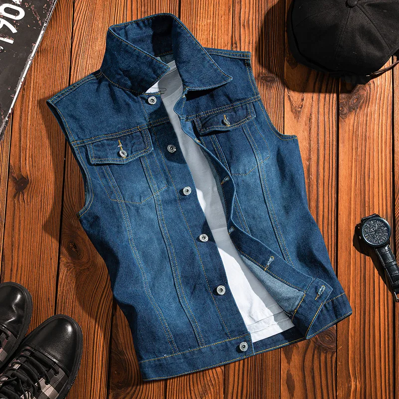 New 2024 Spring Autumn Men Lapel Denim Vest Mens Casual Sleeveless Jeans Jacket Male Streetwear Solid Color Waistcoat D706 4