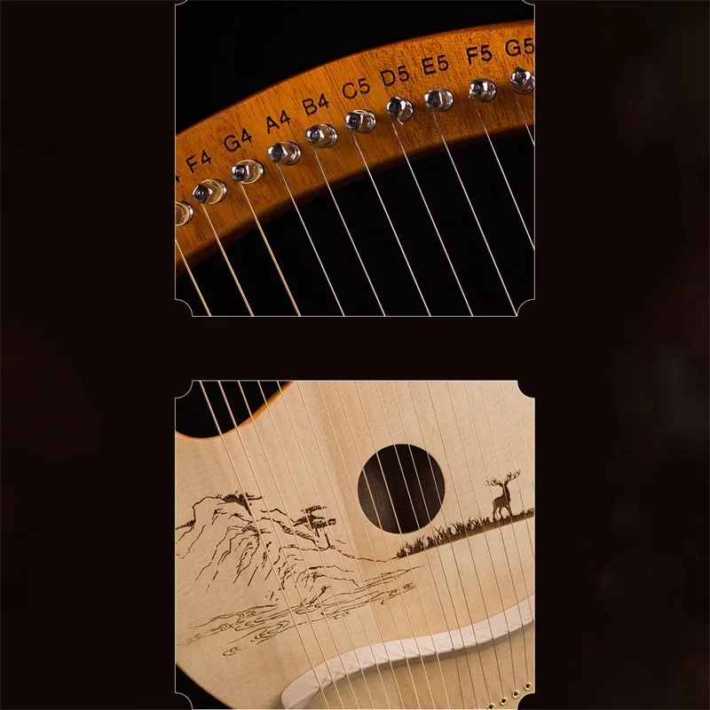 19 String Lyre Mahogany Harp Portable Music Instrument With Tuning Wrench Spare String For Beginner Outer Space Lotus Wild Goose