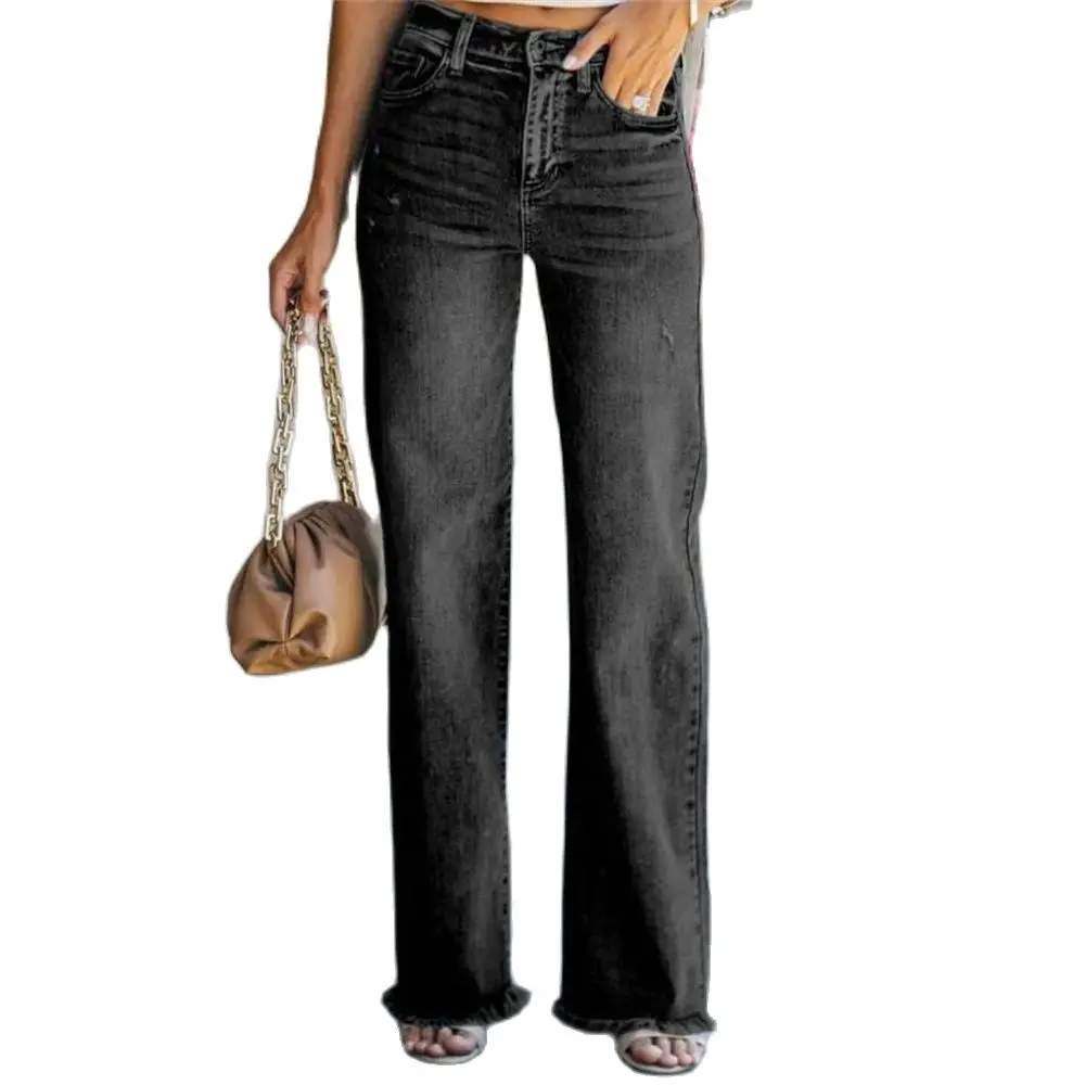 

2024 Spring New Women's Mid Waist Loose Jeans Fashion Raw Edge Denim Straight Leg Pants Casual Female Trousers S-2XL