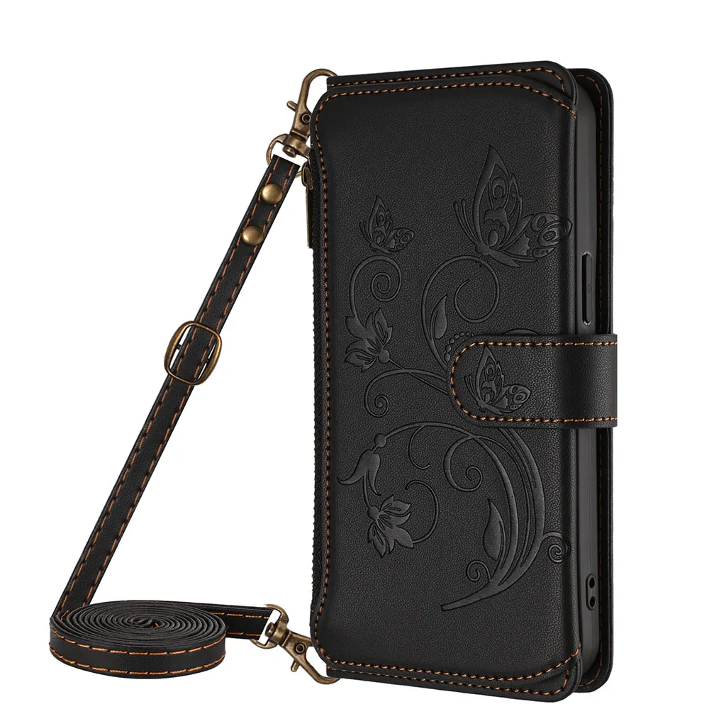 Multi Card Slot Wallet Case with Zipper Cover and Long Lanyard