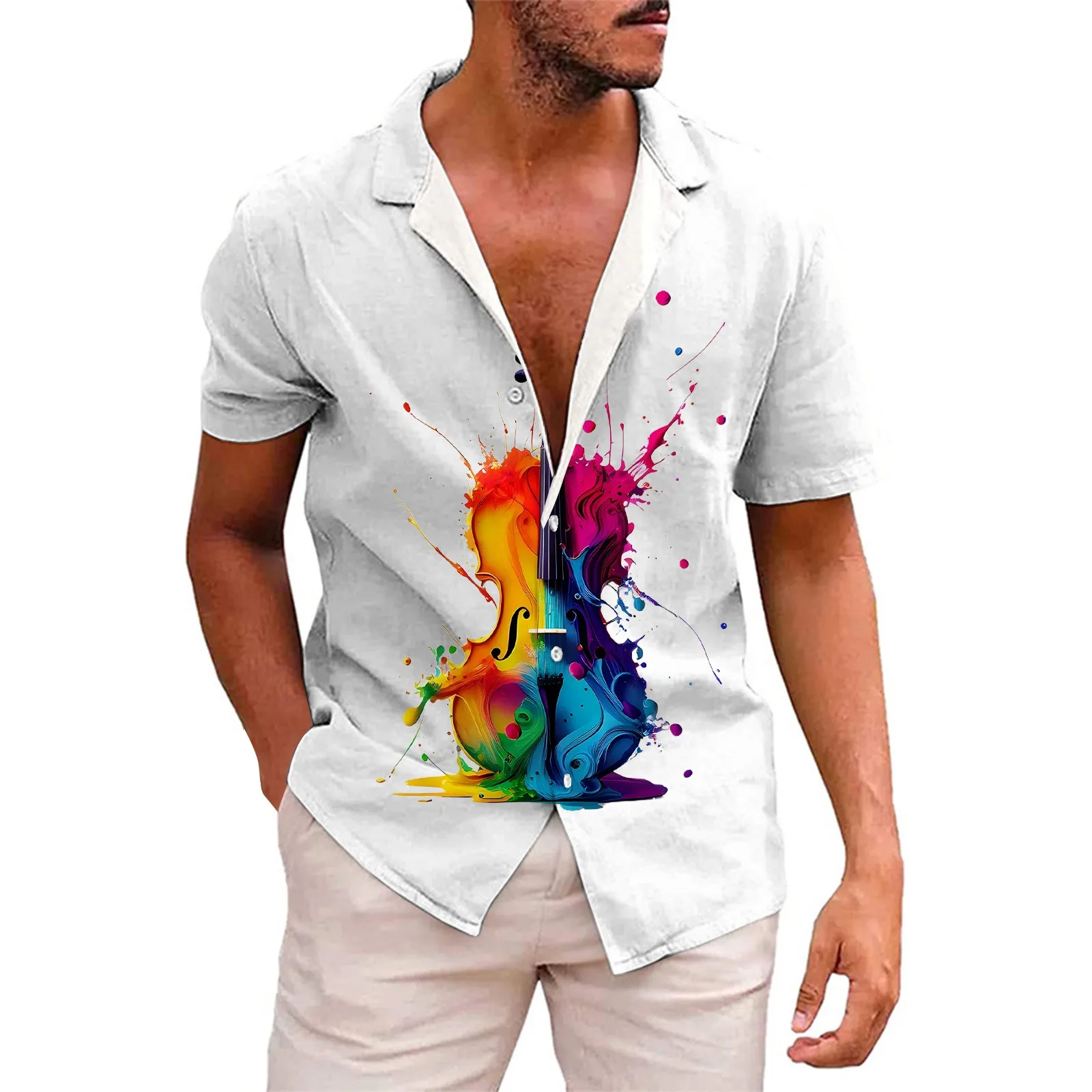 

Рубашка мужская с коротким рукавом, модная блуза с радужным принтом гитары, простая однотонная с лацканами, на пуговицах, Повседневная Уличная одежда для отдыха
