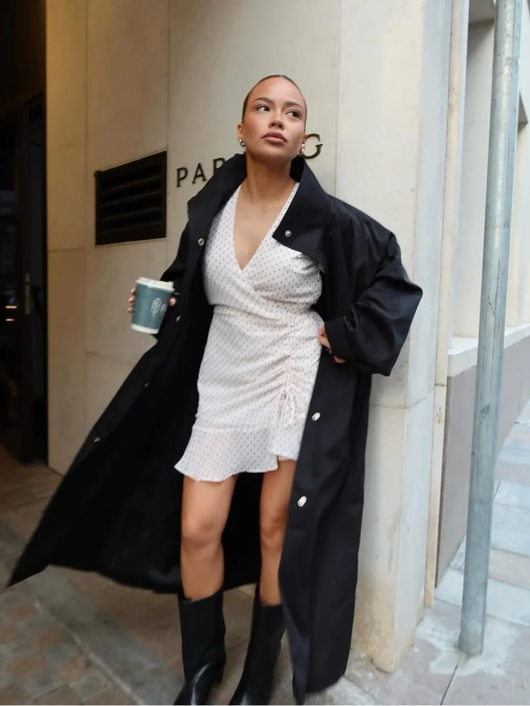 Black Stand Collar Trench Coat Women Casual Long Sleeve Single