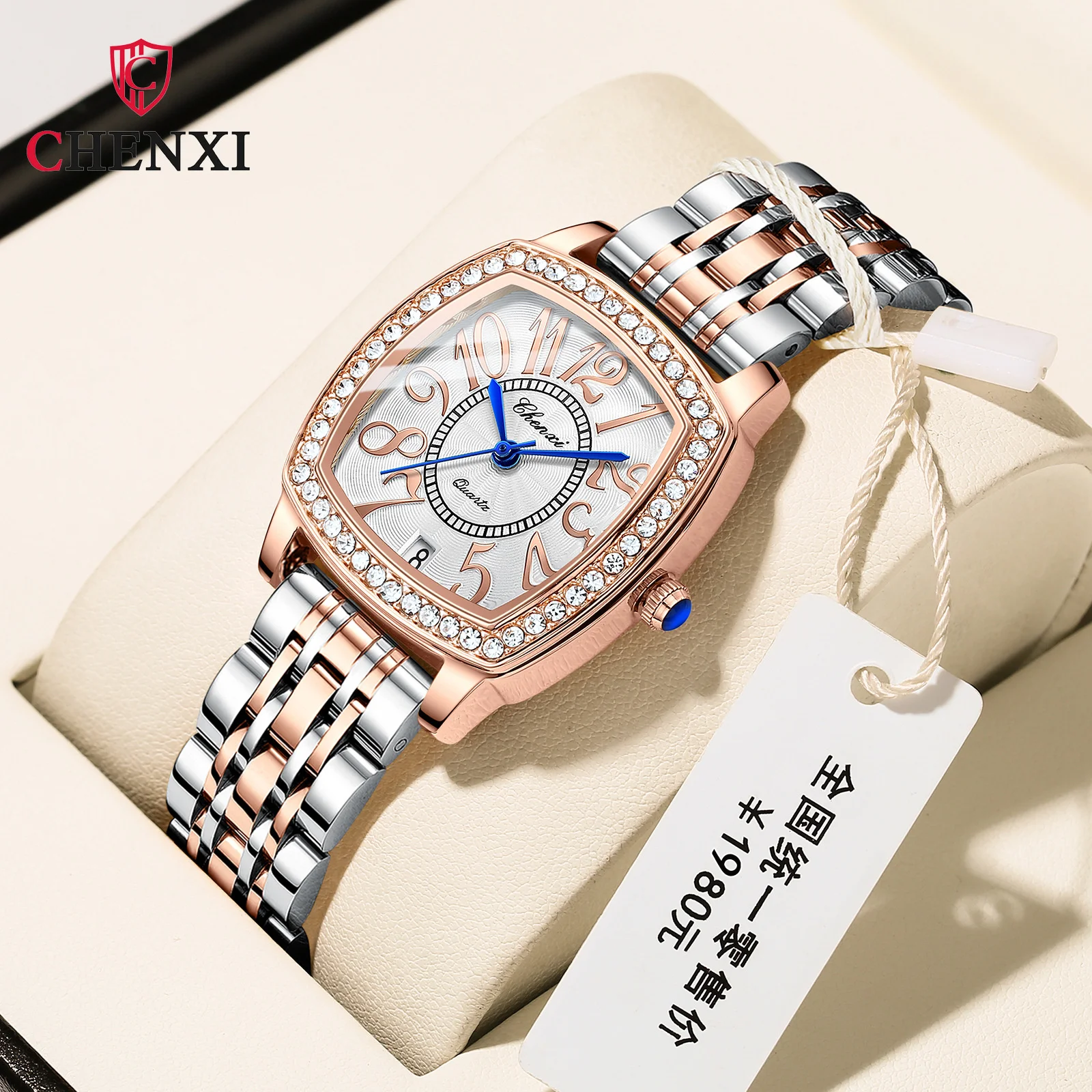 

Женские кварцевые часы CHENXI 316L с квадратным циферблатом, модные водонепроницаемые наручные часы с календарем и стразами, кожаным ремешком, подарок для женщин