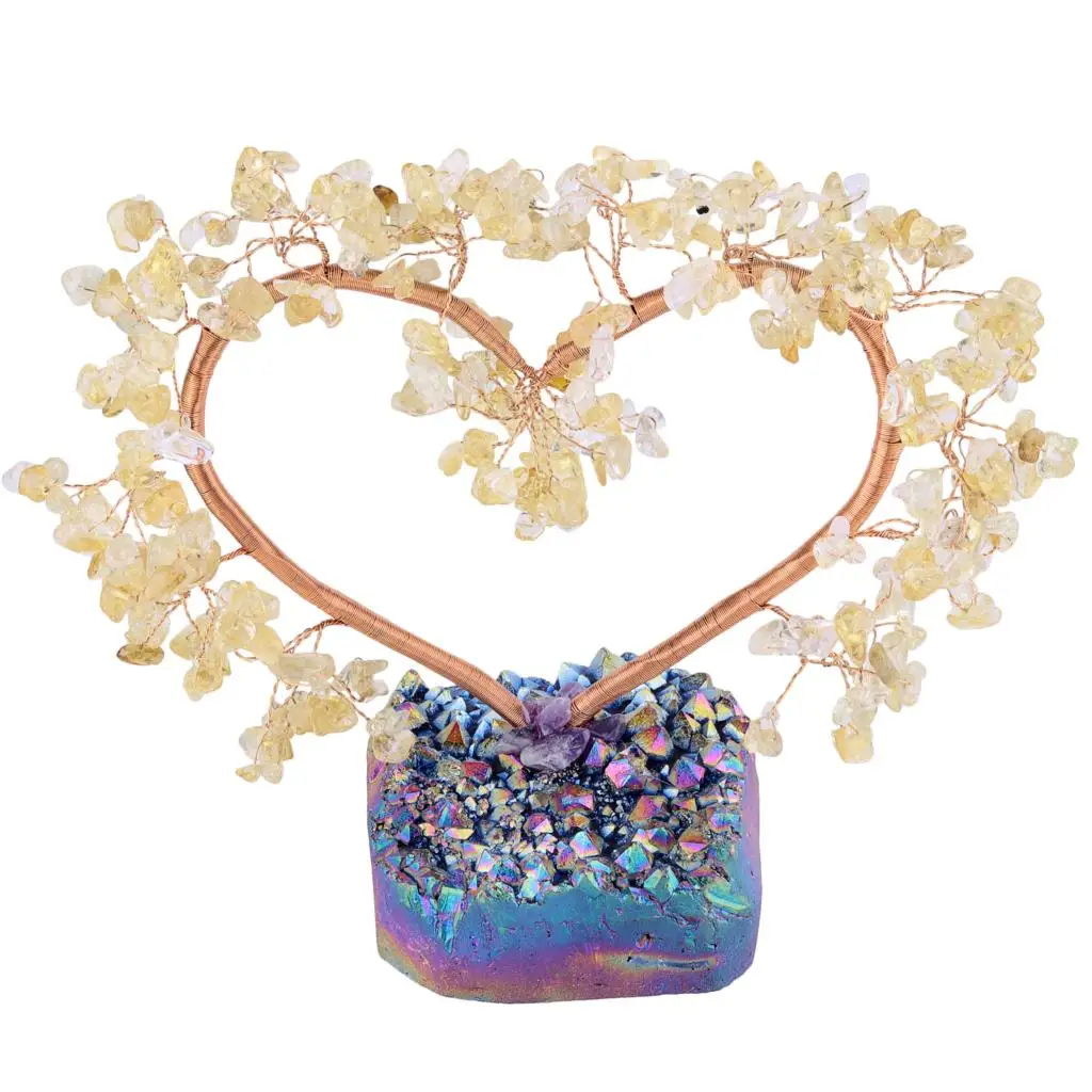 Love Heart Shape Crystal Money Tree With Rainbow Titanium Coated Quartz Cluster Base Feng Shui Home Decor For Wealth and Luck