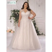 Plus Size Lace Appliques A-Line Wedding Dresses Chapel Train Custom Made Floor-Length V-Neck Sleeveless Bridal Gowns 1