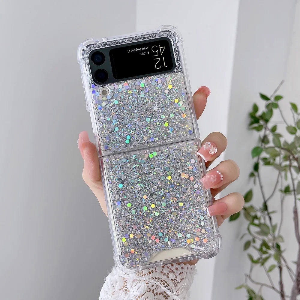 For Samsung Z Flip 3 Case Fantasy Sequin Transparent Folding Phone Case For Samsung Z Flip 4 Z Flip3 Shockproof Hard Back cover samsung flip3 case