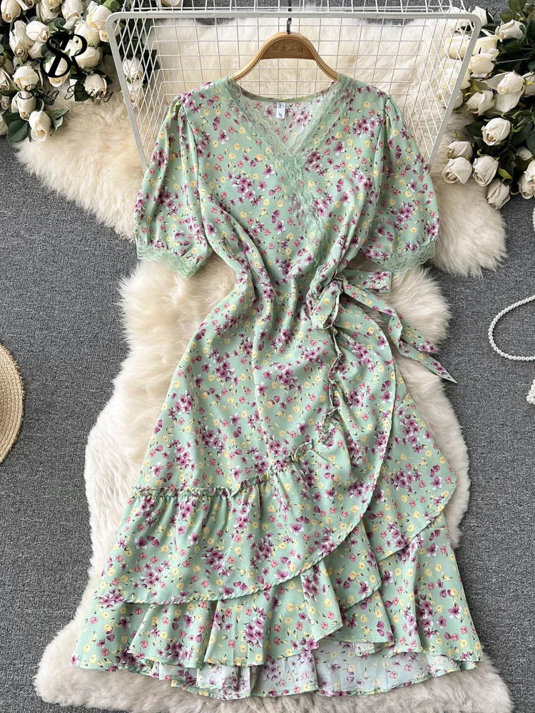 SINGREINY Summer Chiffon Floral Dress Women V neck Lace Bow Sweet Party Sundress Ladies Korean Print Flower Beach Midi Dress sheer bathing suit cover up Cover-Ups